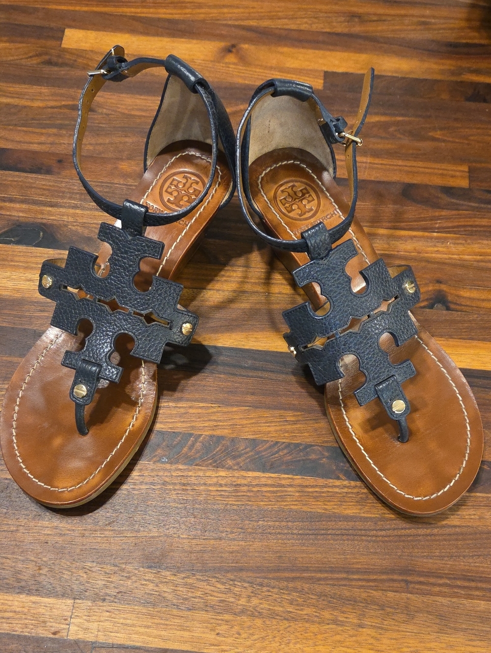 Tory Burch Black Leather Logo T-Strap Sandals with Tan Footbed